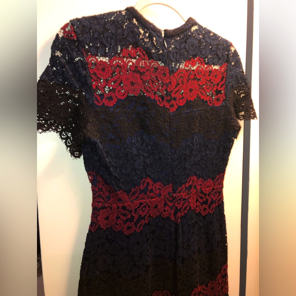 Short sleeve lace dress red, black & navy Size 4